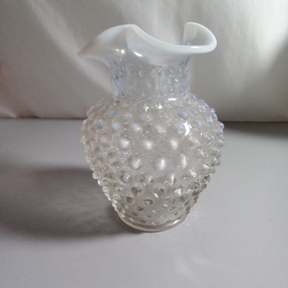 Vintage Hobnail Opalescent Glass Vase Ruffled Rim Light Blue White Clear 5.5"